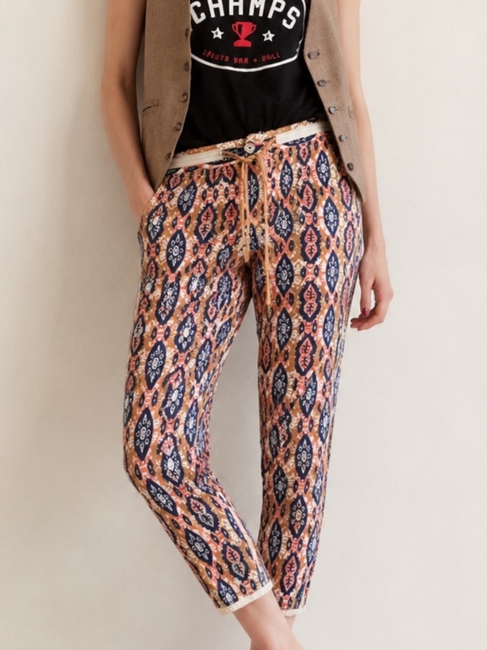 Anthropologie Pilcro And Letter Press Ikat Ivory Peach Boho Jogger Pants